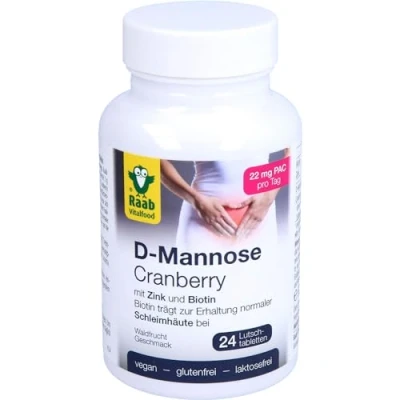 Obrázek Raab Vitalfood D mannose Cranberry lízátka tablety, 24 kusů, s vitaminem C, zinkem a biotinem, laboratorně testováno, bez lepku, veganské, 53 g