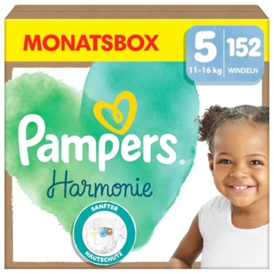 Obrázek Pampers Dětské plenky velikost 5 (11 16 kg) Harmonie, měsíční box, jemná ochrana pokožky a obsažené látky na bázi rostlin, 152 kusů