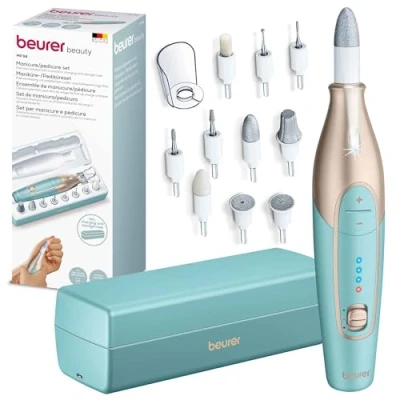 Obrázek Beurer MP 84 sada na manikúru/pedikúru, elektrický pilník nehty s baterií, 10 nástavců, LED světlo, vč. úložného pouzdra, až 4400 ot/min, pro péči o ruce a nohy, tyrkysová