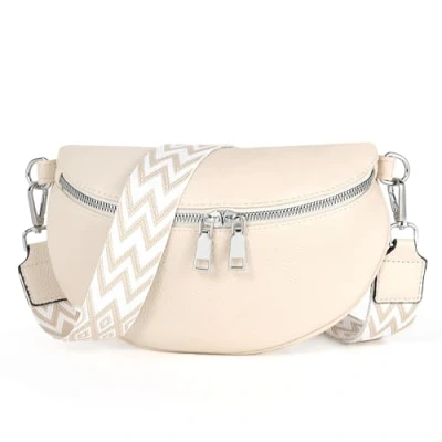 Obrázek TAN.TOMI taška přes rameno dámská břišní PU kůže, Crossbody Bag dámský široký popruh, dámské tašky stylová, na opasek elegantní, perlově bílá.