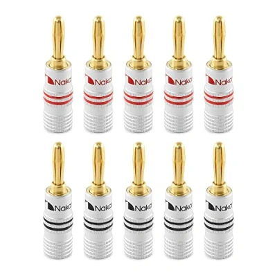 Obrázek Nakamichi 24K pozlacený konektor banánů 12 AWG 18 Gauge velikost 4 mm pro reproduktory zesilovač Hi Fi AV přijímač stereo domácí kino audio kabel šroubovací 10 kusů (5 párů)