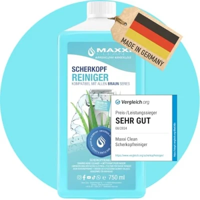 Obrázek Maxxi Clean Čistič holicích hlav pro čisticí kazety 1000 ml doplňovací kapaliny kapalina na holení kompatibilní s stanicí Braun sprej vůní aloe vera