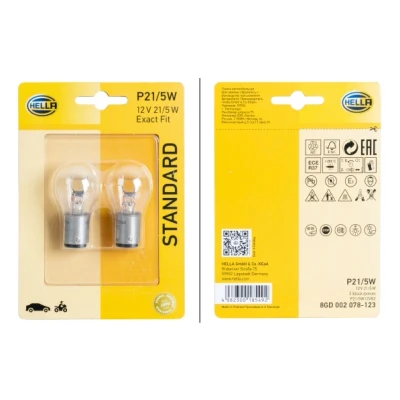 Obrázek HELLA 8GD 002 078 123 halogenová žárovka P21/5W standard 12V 5W provedení patice žárovka: BAY15d blistr množství: 2