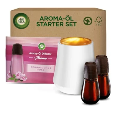Obrázek Air Wick Aromatický olej Flakon Starter Set difuzér se 2 náplněmi aromaterapie vůně: Zklidňující růže Květinová pokojová vůně s éterickými oleji x 20 ml oleje + přístroj v bílé barvě
