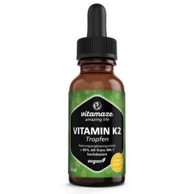 Obrázek Kapky vitamínu K2 ve vysokých dávkách a veganský 200 mcg tekutý v denní dávce, 50 ml (1700 kapek), MK 7 menaquinon (&gt; 99% forma All Trans), bez zbytečných přísad, vyrobeno Německu