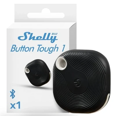 Obrázek Shelly Blu Button Tough černé Inteligentní Bluetooth tlačítko pro aktivaci akcí a scén Aktivace více kliknutí Okamžitá reakční doba třída ochrany IP54 aplikace iOS Android