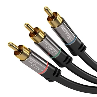 Obrázek KabelDirekt 5 m kabel cinch AV, 3 na Cinch, audio/video (koaxiální kabel, RCA konektor/konektor, stereo audio a kompozitní video, pro zesilovač/HiFi domácí kino/Blu ray/přijímač, černý)