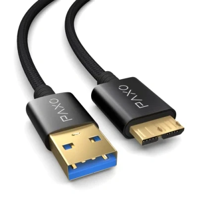 Obrázek PAXO 2m nylonový USB Micro 3. 2 Gen2 kabel pevného disku, 10Gbit/s, HDD kabel, datový nabíjecí černý, A konektor na B