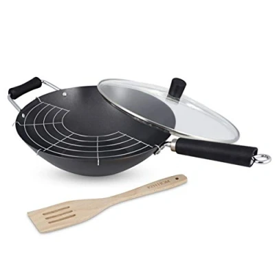 Obrázek Ken Hom Carbonstahl Wokpfanne Set, 31cm, Excellence, Wok Induktion mit Deckel, Ablagegitter und Zubehör, Spülmaschinenfest, 5 Jahre Garantie, KH431041