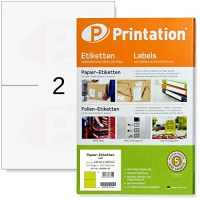 Obrázek Printation Přepravní etikety 210 x 148 mm · 200 samolepících etiket s možností potisku A5 bílé 100 listů A4 à 2 adresní nálepky DIN 210x148 1x2 lepicí internetová značka DHL balíček