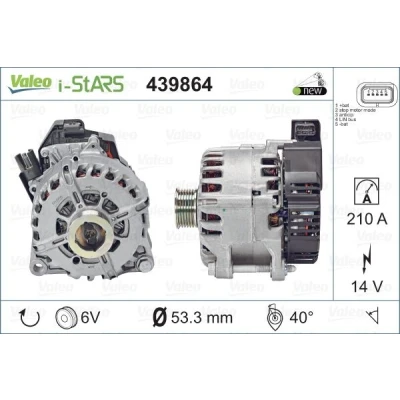 Obrázek VALEO 439864 generátor nabíjecí proud generátoru: 210 Amp žebra: 6 žeber řemenice Ø: 53,3 mm Napětí: 14 V Směr otáčení: CLOCKWISE