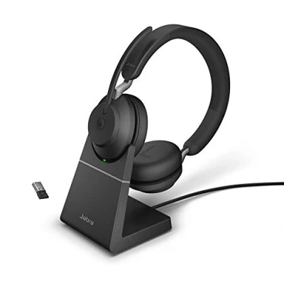 Obrázek Jabra Evolve2 65 Wireless PC Headset s nabíjecím stojanem Noise Cancelling certifikovaná stereo sluchátka Microsoft Teams dlouhou baterií adaptér USB A Bluetooth černá