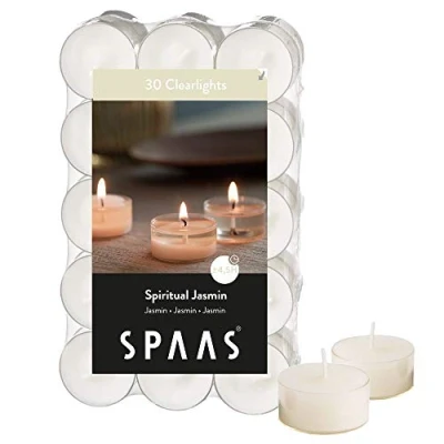 Obrázek Spaas Pack de bougies Godets transparentes parfumées spirituel 30 Duftenden Clearlights, Teelichter mit durchsichtigem Halter, ± 4,5 Stunden Spiritual Jasmin, Weiß, D 38 mm x H 19