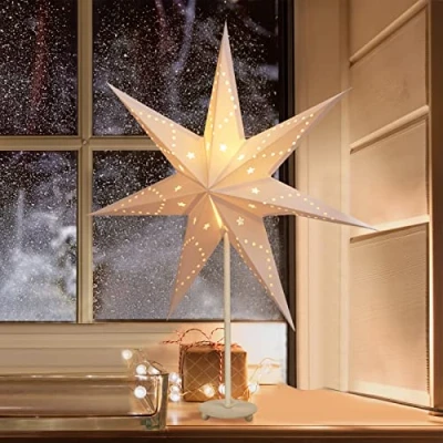Obrázek SALCAR LED vánoční hvězda osvětlená okna 35 cm, papírová Vánoce s E14 lampou, 3D svítící stojící adventní podstavcem ze železa, bílá