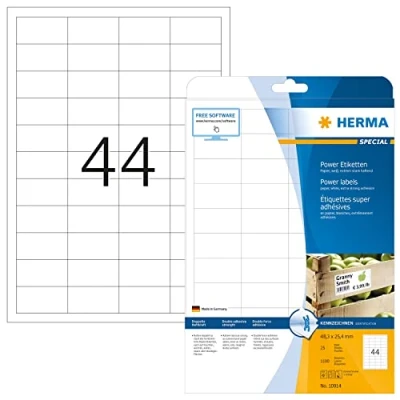 Obrázek HERMA 10914 Power etikety, 25 listů, 48,3 x 25,4 mm, 44 na arch A4, 1100 kusů, samolepicí, s možností potisku, extrémně silně přilnavé, prázdné papírové lepicí bílé