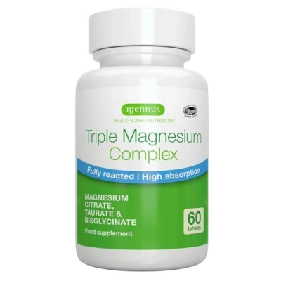 Obrázek Triple magnéziový komplex, glycinát hořečnatý, taurát a citrát, vysoká biologická dostupnost absorpce, vhodný pro žaludek, veganský hypoalergenní, 60 tablet, od Igennus