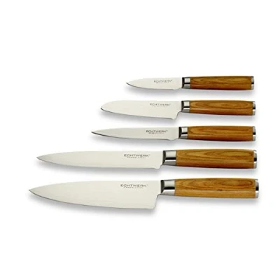 Obrázek Echtwerk sada damaškových nožů 5dílná, kuchyňských nožů, kuchařský nůž, nůž Santoku, na maso, univerzální loupací damašková ocel, hladký brus, ergonomické rukojeti nože ze dřeva