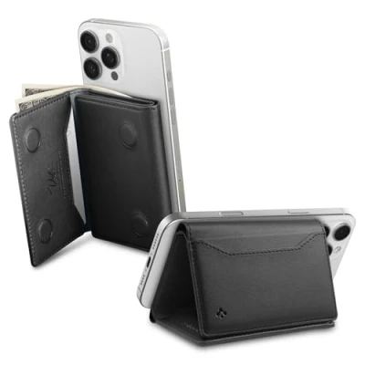 Obrázek Spigen Valentinus S Magfit Magnetischer Kartenhalter mit 7 Kartenfächer und Geldscheinfach Kompatibel iPhone 16/15/14/13/12 Modelle Apfelleder Magsafe Wallet RFID Schutz Schwarz
