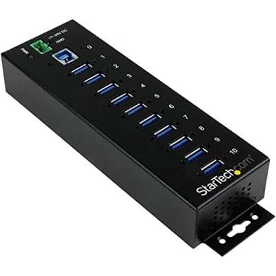 Obrázek StarTech.com 10 portů USB 3. 0 hub průmyslový a rozbočovač z kovu s ESD ochranou proti přepětí lišty/montáž na stěnu nebo stůl v souladu TAA, vícenásobný konektor expandér