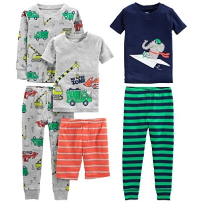 Obrázek Simple Joys by Carter&#039;s Baby Jungen 6 Piece Snug Fit Cotton Pajama Set Zweiteiliger Schlafanzug, Grau Lkws/Grün Streifen/Marineblau Elefant/Orange Streifen, 24 Monate (3er Pack)