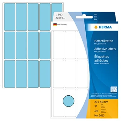 Obrázek HERMA 2413 víceúčelové etikety, 480 kusů, 20 x 50 mm, 15 na arch, samolepicí, štítky pro domácnost k popisování, matné, prázdné papírové lepicí etikety samolepky, modré