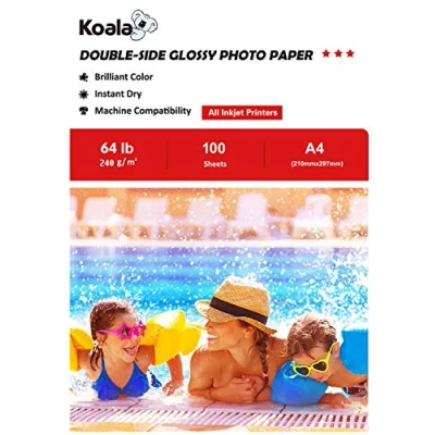 Obrázek Koala Fotopapír pro inkoustové tiskárny, oboustranný, lesklý, A4, 240 g/m², 100 listů. Vhodný tisk fotografií, certifikátů, brožur, letáků, pohlednic, kalendářů, umění