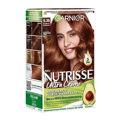 Obrázek Garnier Nutrisse permanentní pečující barva na vlasy s výživnými ovocnými oleji, barvení 8 týdny vydrží, ultra krémová barva, 5. 35 zlatá. Rehbraun