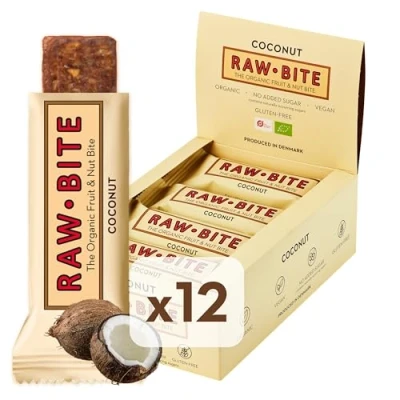 Obrázek RAWBITE COCONUT v 12dílné krabičce veganské, bez lepku a přidaného cukru (obsahuje přírodní cukr) bio tyčinka na ovocné ořechy s kokosem (12 x 50 g)