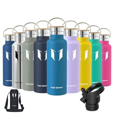 Obrázek Super Sparrow láhev na pití z ušlechtilé oceli 620 ml zabezpečená proti protékání, termoska bez BPA vodu s oxidem uhličitým pro děti, perlivé vlasy, sport, do školy, fitness, outdoor,