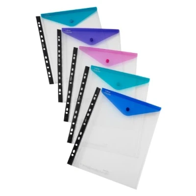 Obrázek Snopake Poly File 15695 průhlednými obaly pro kroužkový pořadač, A4, klopa se zapínáním na patent, Electra barvy, 5 ks