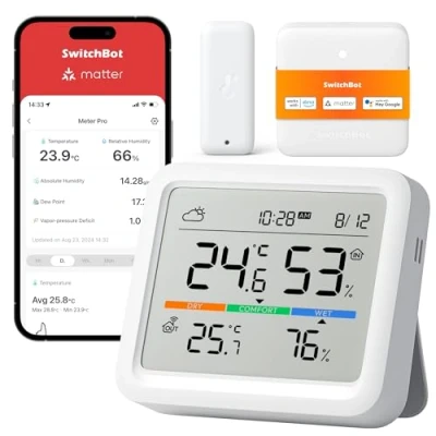 Obrázek SwitchBot WLAN meteorologická stanice s venkovním senzorem, vlhkoměrem teploměrem uvnitř, teplotním senzorem a matným rozbočovačem, kompatibilní Alexa, Apple Home, Google Home