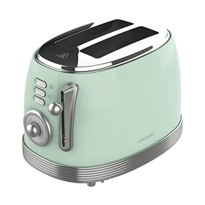 Obrázek Cecotec Toustovač &amp; tlačítko 800 vintage Light Green, 850 W, dvojité extra široké zkraty 3,8 cm, 2 plátky toustů, nerezová povrchová úprava, styl, 3 funkce, zelený