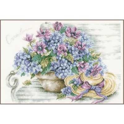 Obrázek Lanarte Zählmusterpackung Hortensien/Bank Zählstoff Kreuzstichpackung, Baumwolle, Mehrfarbig, 44.0 x 34.0 0.30 cm
