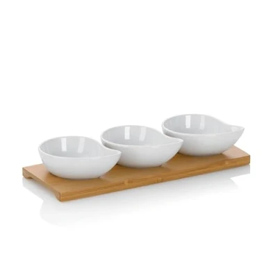 Obrázek kela 12260 sada misek s bambusovým prkénkem, 4dílná, kapka, porcelán, 26 x 10 4,5, Philipa, bílá, 4,5 cm