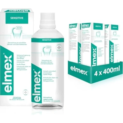 Obrázek elmex Výplach úst Sensitive 4 x 400 ml ústní voda pro extra ochranu před zuby citlivými na bolest a zubní kazy každodenní čištění zubů bez alkoholu s příchutí máty