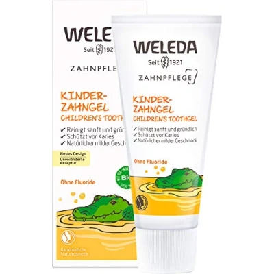 Obrázek WELEDA Bio dětský Zubní gel veganská přírodní kosmetika pasta bez fluoridů pro péči o mléčné zuby a dásně malých dětí dětí. ochranu před zubním kazem (1x 50 ml)