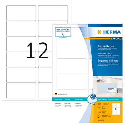 Obrázek HERMA 8805 adresní štítky pro inkoustové tiskárny, 100 listů, 88,9 x 46,6 mm, 12 na arch A4, 1200 kusů, samolepicí, potisknutelné, matné, prázdné nálepky bílé
