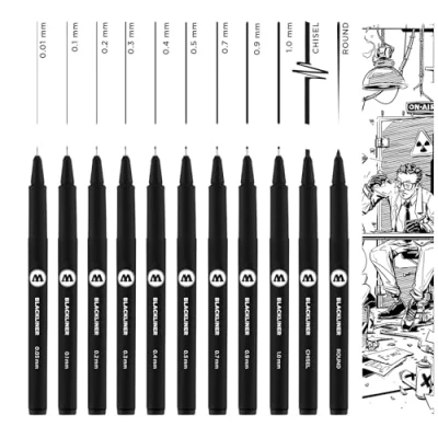 Obrázek Molotow Blackliner Complete sada 11 ks (tloušťka linky 0,05 mm až 1,0 mm, klínová špička a kulatá špička, Fineliner s permanentním, inkoustem pravým na dokumenty) kusů černý