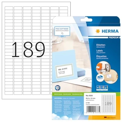 Obrázek HERMA 4333 univerzální etikety, 25 listů, 25,4 x 10 mm, 189 na arch A4, 4725 kusů, samolepicí, s možností potisku, matné, prázdné papírové lepicí bílé
