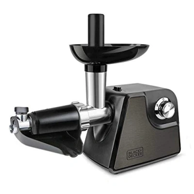 Obrázek Black+Decker Fleischwolf BXMMA1000E 1000W Leistung Edelstahl Aufsatz für Tomatensauce, spezielle Kibbeh Öffnung und Wurstzubehör 3 Schneidescheiben