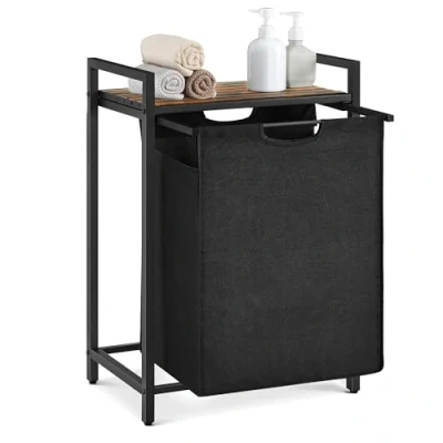 Obrázek VASAGLE koš na prádlo, prádlo s odkládací plochou, pytel z tkaniny Oxford vytahovací odnímatelný, kovový rám, 65 l, 50 x 33 72 cm, černá vintage hnědá BLH101B01