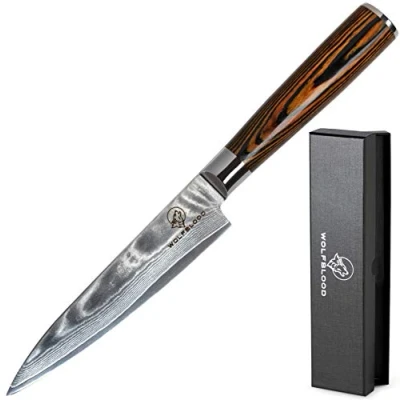 Obrázek Wolfblood damaškový nůž kuchyňský L(24 cm) profesionální kuchařský z pravé 67 vrstev damaškové oceli I a šéfkuchaře s dřevěnou rukojetí, dárková krabička ochrana