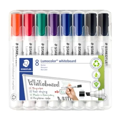 Obrázek STAEDTLER Lumocolor 351 B WP8X popisovač na bílou tabuli (klínový hrot cca 2 nebo 5 mm šířka čary, sada s 8 značkami, vysoká kvalita, nasucho a beze zbytku stíratelné z Whiteboards) Roztříděno