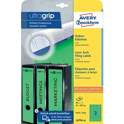 Obrázek AVERY Zweckform L4754 20 etikety na hřbety pořadačů (60 štítků hřbetu s ultra gripem, 61 x 297 mm A4, široké/dlouhé, samolepicí, absolutně neprůhledné, potiskovatelné pořadače)