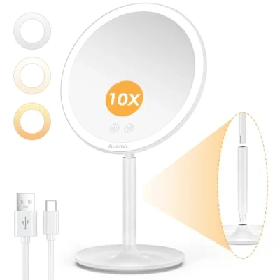 Obrázek Auxmir kosmetické zrcadlo s LED osvětlením, 10násobné zvětšení, zrcátko se 46 3 barvami světla a stmívatelným jasem, USB dobíjecí make up otočné o 90 na toaletní stolek