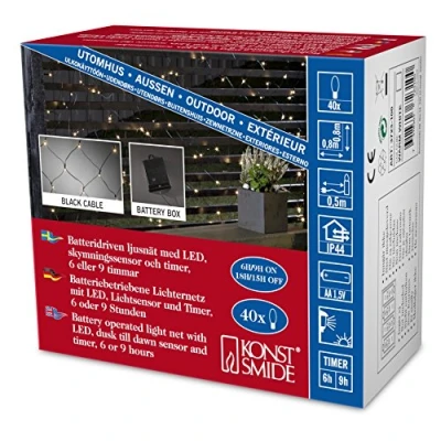 Obrázek Konstsmide 3723 100 LED světelná síť / pro venkovní použití (IP44) provoz na baterie: 4xAA 1,5 V (exk.) 40 teple bílých diod se světelným senzorem a časovačem 6 h 9 černý kabel, 80 x cm