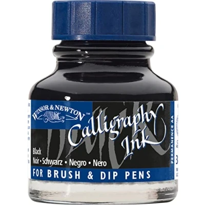 Obrázek Winsor &amp; Newton Kaligrafické tampony 1111030 (pro plnicí pera nebo psací pera, lze navzájem míchat, neblednoucí, odolná barva) láhev 30 ml, černá