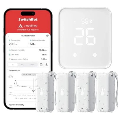 Obrázek SwitchBot WLAN teploměr, vlhkoměr, vnitřní a venkovní použití, balení 4 ks se zdvihem 2, vodotěsný senzor teploty vlhkosti IP65, s upozorněním na aplikaci bezplatné ukládání dat
