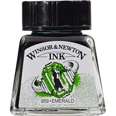 Obrázek Winsor &amp; Newton 1005235 Drawing Inks kreslicí tuš pro kaligrafie, ilustrátory, grafiky, umělce voděodolné barvy, vynikající průhlednost, láhev 14 ml smaragd
