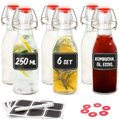 Obrázek Praknu 6dílná sada skleněných lahví 250 ml s třmenovým uzávěrem láhve k naplnění vč. 6 extra těsnění &amp; 12 etiket tužkou skleněné lahve na olej, ocet, šťávu a limonádu